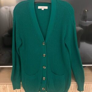 LOFT Green Cardigan Sweater V-Neck Ribbed Knit
